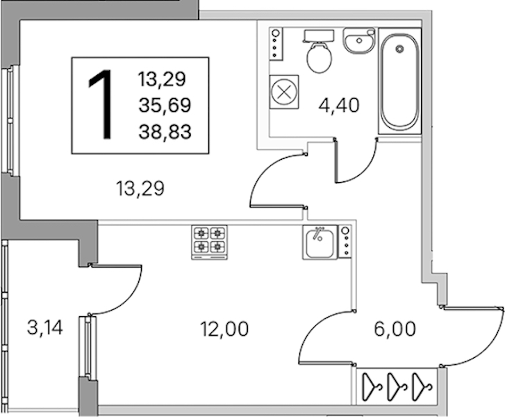 1-комнатная квартира 37.26 м², 1/4 эт., ЖК «Любоград в Стрельне»
